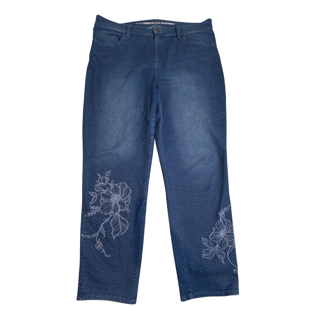 Chico's Perfect Stretch Girlfriend Jeans Blue Polka Dot Floral Embroidery